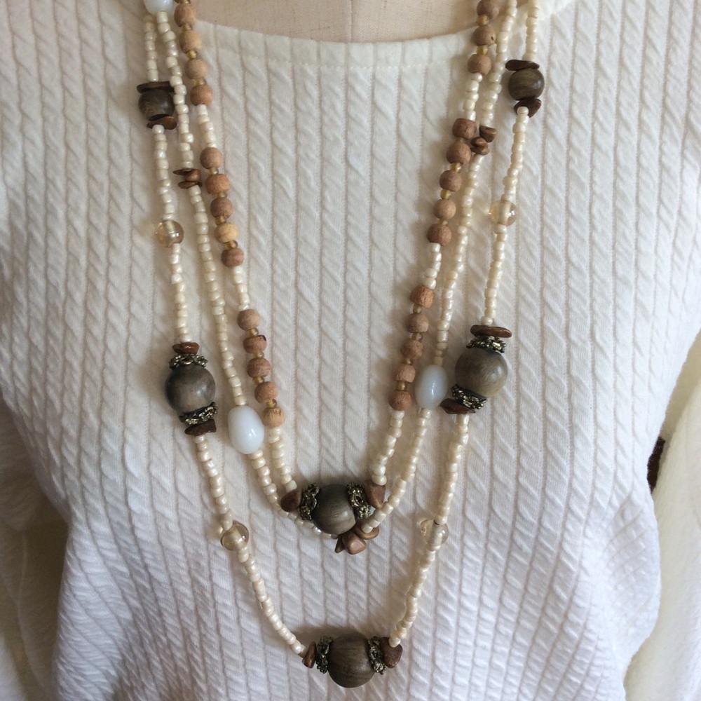 Sonoma Cream Stone and Wood Beaded Gold Tone Necklace, NWT
